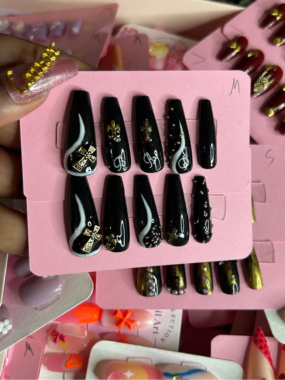 Black Stiletto Press-On Nails with Gold Accents